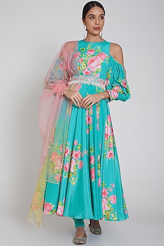 Cobalt Blue Printed Anarkali Set With Belt by Neha Chopra Tandon
