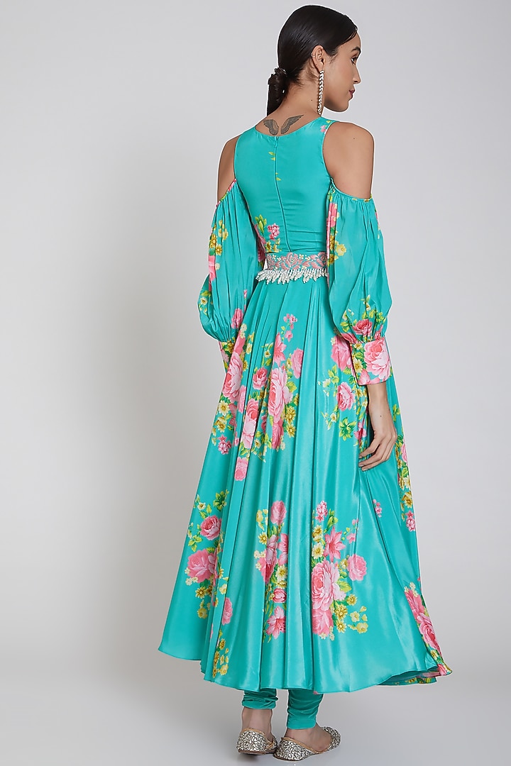 Cobalt Blue Printed Party Wear Anarkali Set With Belt by Neha Chopra Tandon at Pernia's Pop Up Shop