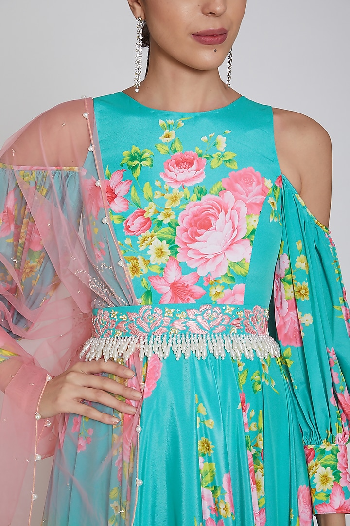 Cobalt Blue Printed Party Wear Anarkali Set With Belt by Neha Chopra Tandon at Pernia's Pop Up Shop