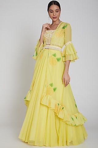 Yellow Printed Flared Cape Lehenga Set by Neha Chopra Tandon