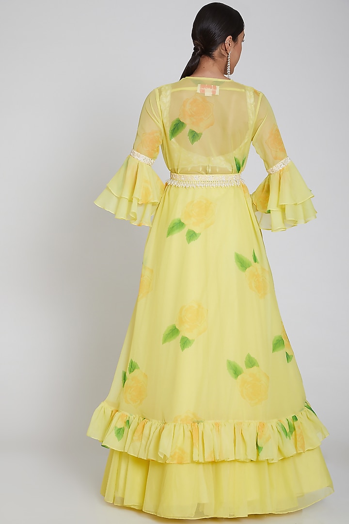Yellow Printed Flared Cape Wedding Lehenga Set by Neha Chopra Tandon at Pernia's Pop Up Shop