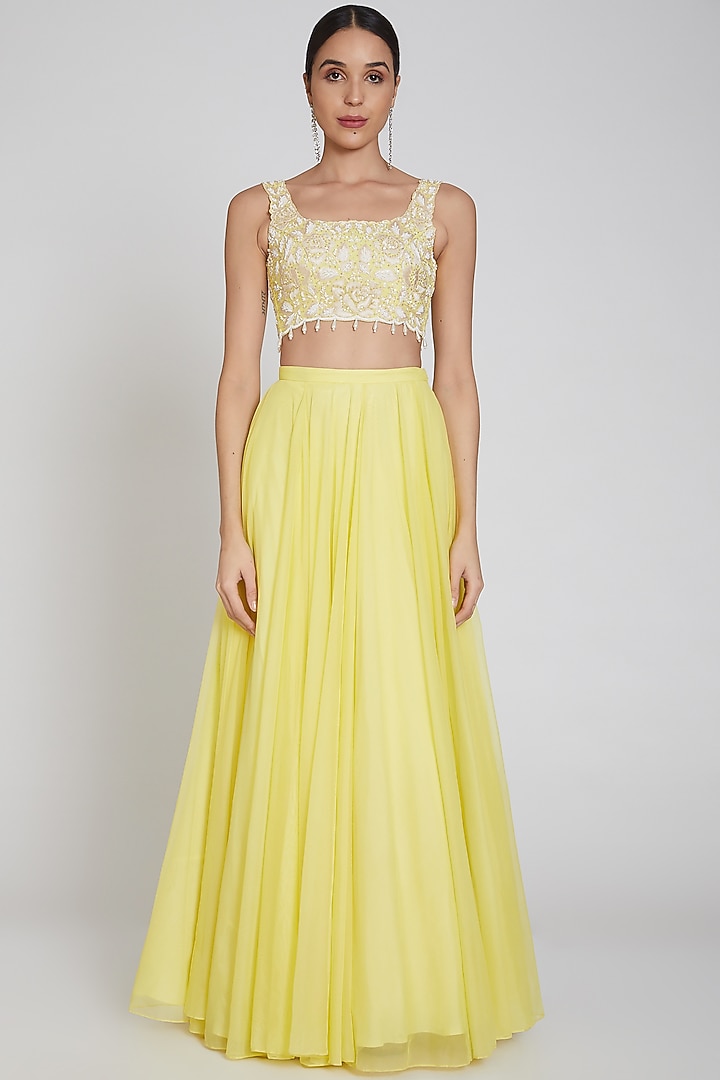 Yellow Printed Flared Cape Wedding Lehenga Set by Neha Chopra Tandon at Pernia's Pop Up Shop