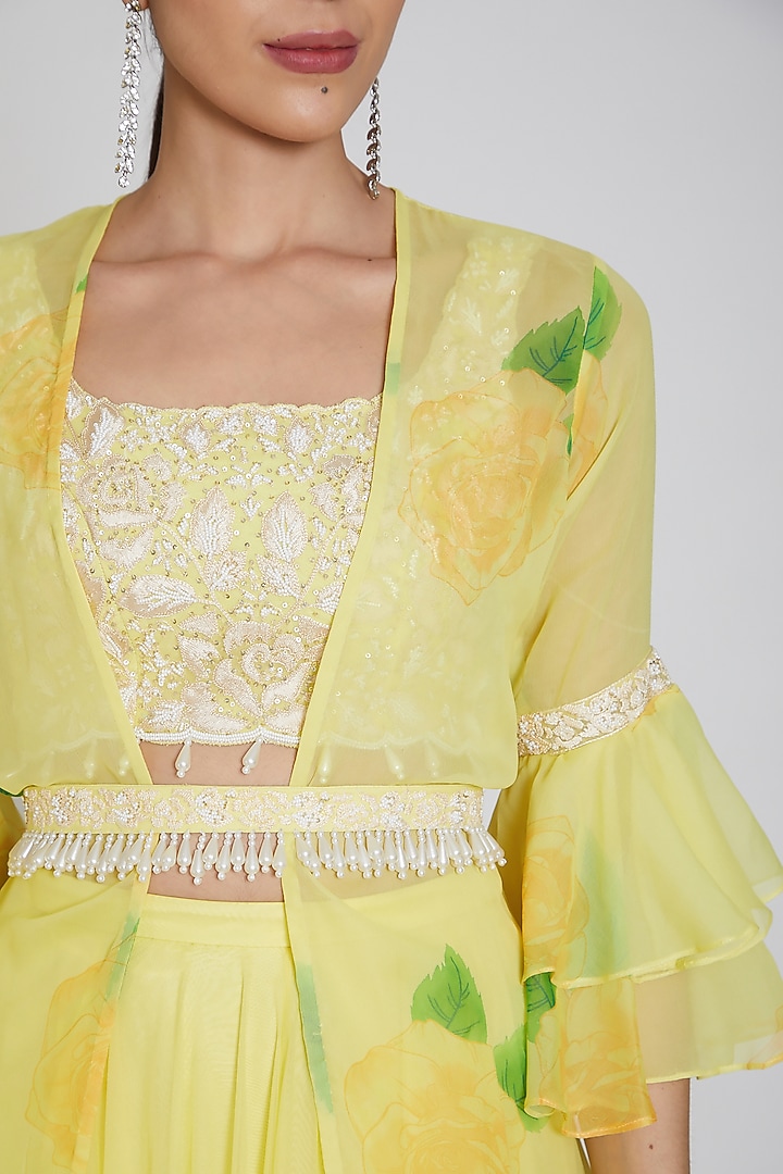 Yellow Printed Flared Cape Wedding Lehenga Set by Neha Chopra Tandon at Pernia's Pop Up Shop
