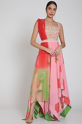 Blush Pink Floral Printed Anarkali Set by Neha Chopra Tandon