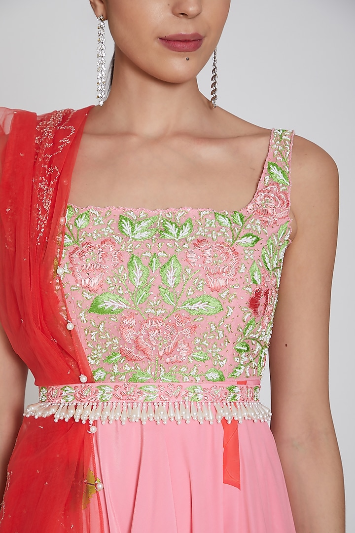 Blush Pink Floral Printed Wedding Anarkali Set by Neha Chopra Tandon at Pernia's Pop Up Shop