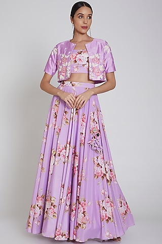 Purple Printed Lehenga Set With Crop Jacket by Neha Chopra Tandon