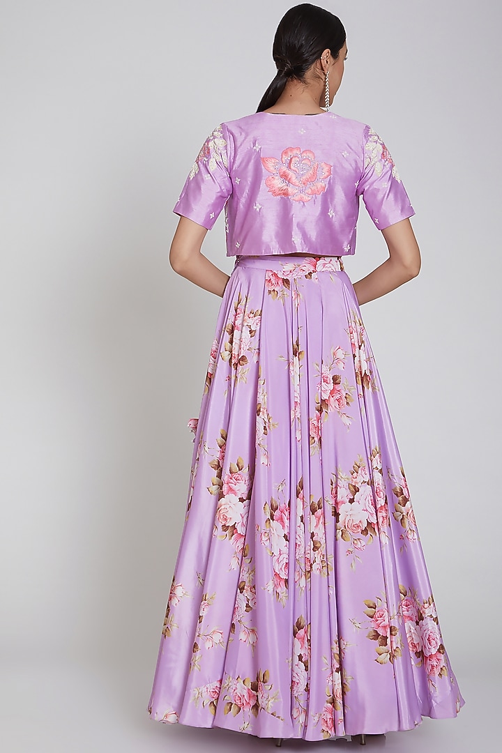 Purple Printed Lehenga Set With Crop Jacket by Neha Chopra Tandon at Pernia's Pop Up Shop