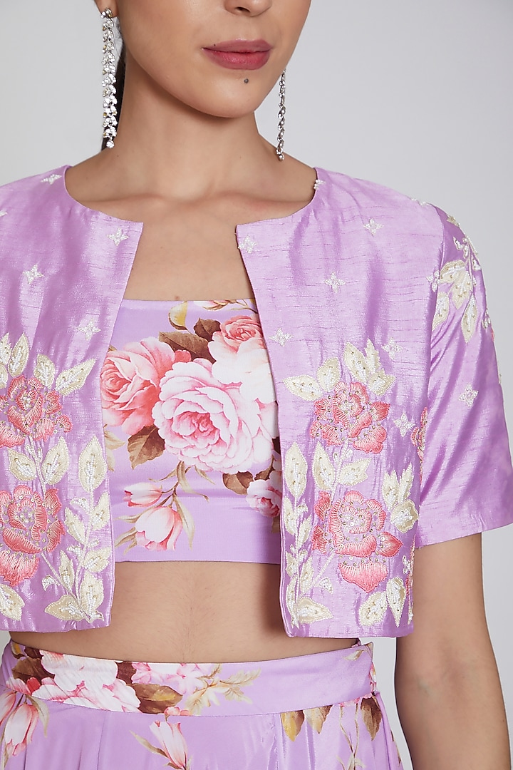 Purple Printed Lehenga Set With Crop Jacket by Neha Chopra Tandon at Pernia's Pop Up Shop