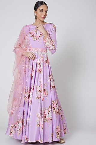 Purple Printed Anarkali Set With Belt by Neha Chopra Tandon