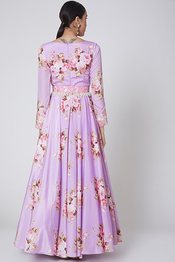 Purple Printed Wedding Anarkali Set With Belt by Neha Chopra Tandon at Pernia's Pop Up Shop