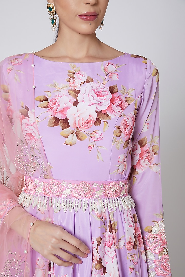 Purple Printed Wedding Anarkali Set With Belt by Neha Chopra Tandon at Pernia's Pop Up Shop