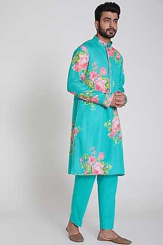 Cobalt Blue Printed Kurta Set by Neha Chopra Tandon Men