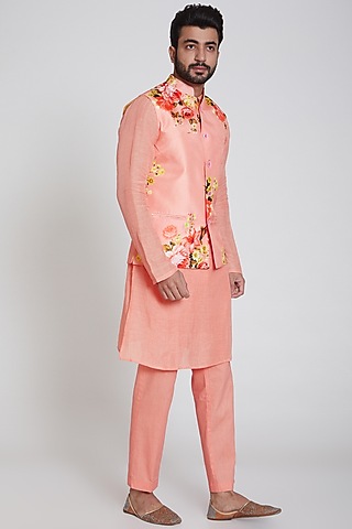 Peach Linen Kurta Set With Printed Nehru Jacket by Neha Chopra Tandon Men