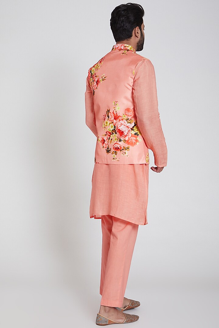 Peach Linen Kurta Set With Printed Nehru Jacket by Neha Chopra Tandon Men at Pernia's Pop Up Shop