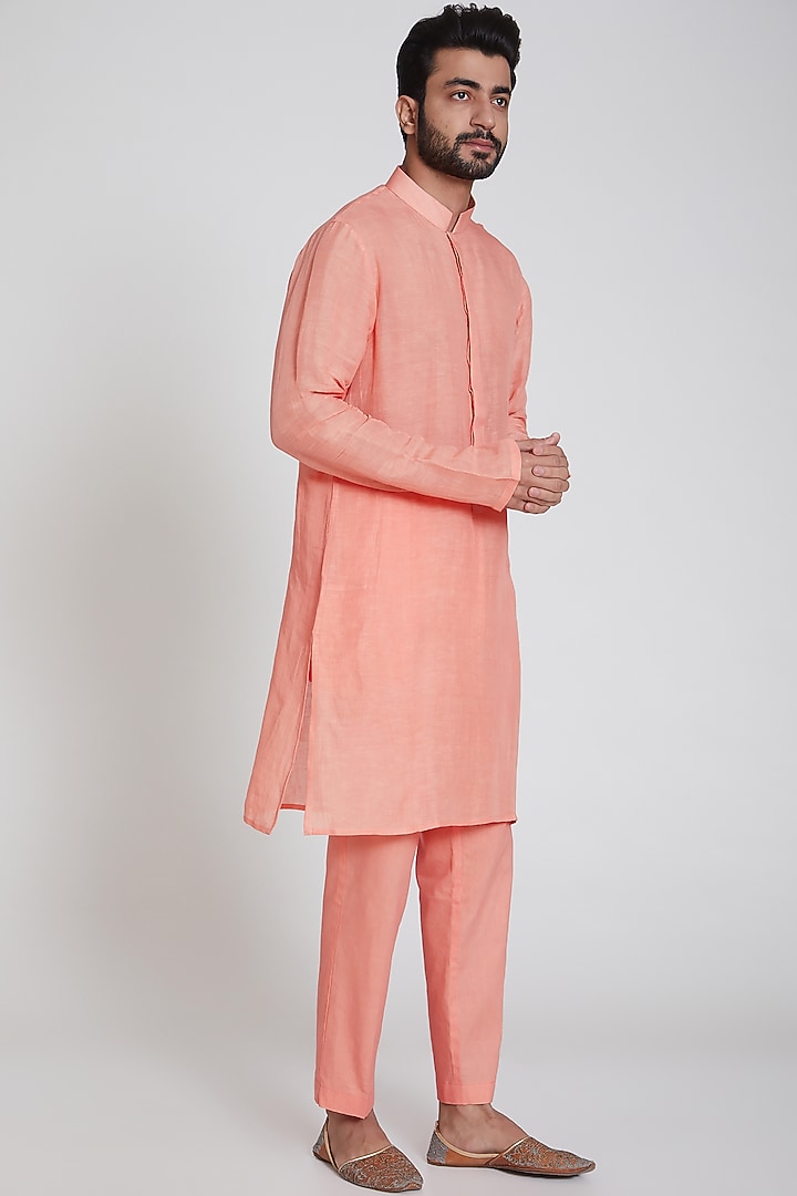 Peach Linen Kurta Set With Printed Nehru Jacket by Neha Chopra Tandon Men at Pernia's Pop Up Shop