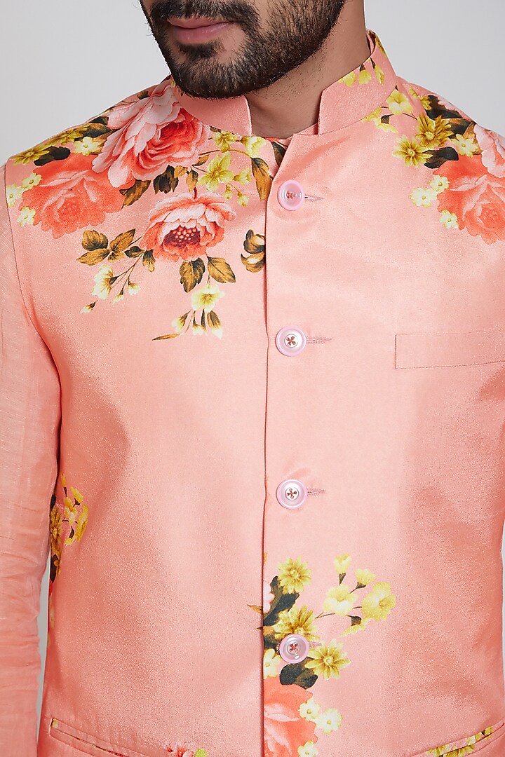 Peach Linen Kurta Set With Printed Nehru Jacket by Neha Chopra Tandon Men at Pernia's Pop Up Shop