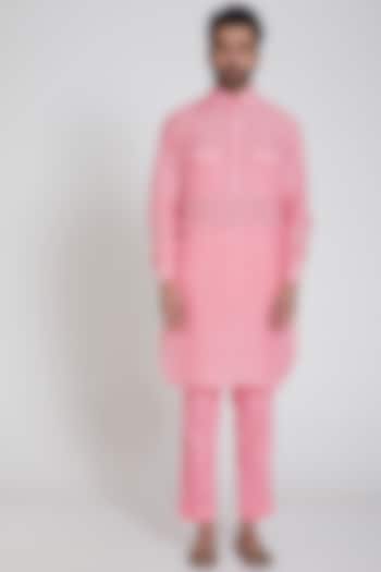 Blush Pink Linen Kurta Set by Neha Chopra Tandon Men