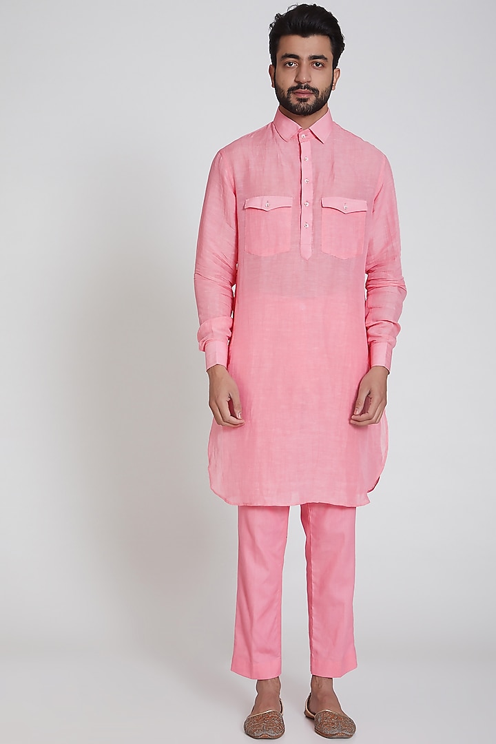 Blush Pink Linen Kurta Set by Neha Chopra Tandon Men
