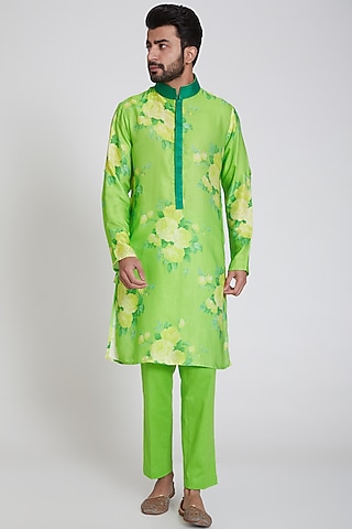 Lime Green Floral Printed Kurta Set by Neha Chopra Tandon Men