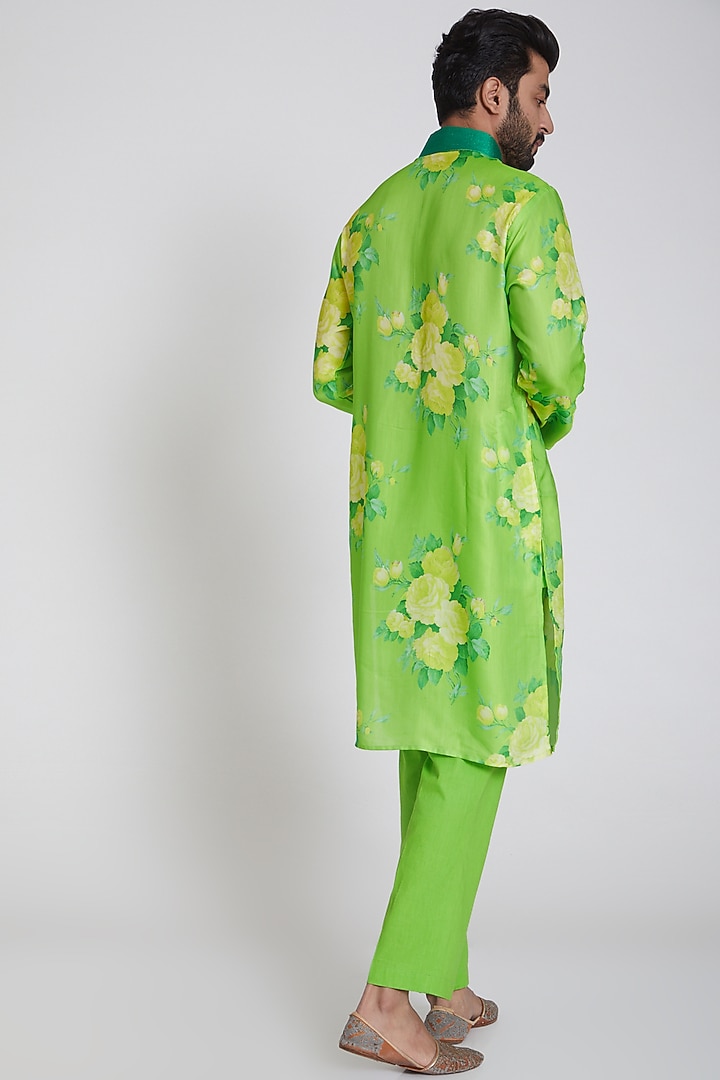 Lime Green Floral Printed Kurta Set by Neha Chopra Tandon Men at Pernia's Pop Up Shop