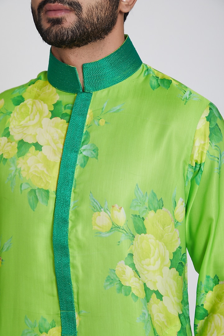 Lime Green Floral Printed Kurta Set by Neha Chopra Tandon Men at Pernia's Pop Up Shop