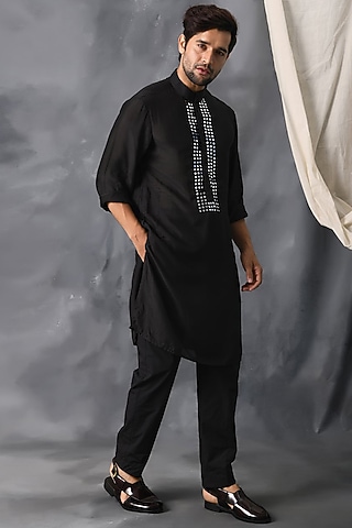 Black Mirror Hand Embroidered Kurta Set by Neha Chopra Tandon Men