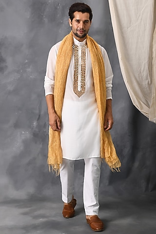 Ivory Mirror Hand Embroidered Kurta Set by Neha Chopra Tandon Men