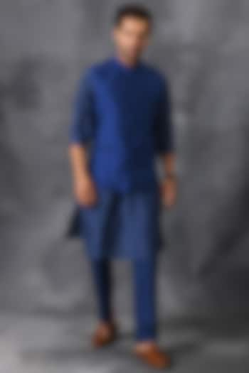 Blue Silk Kurta Set With Nehru Jacket by Neha Chopra Tandon Men