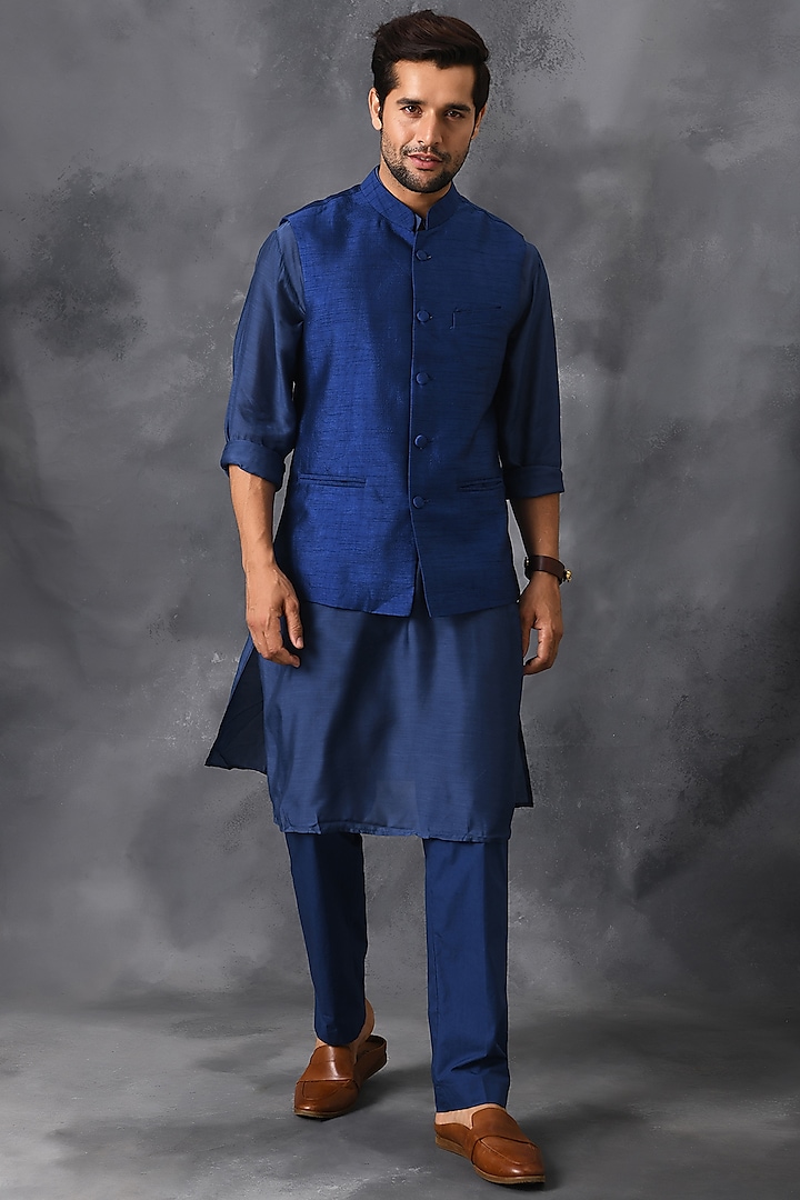 Blue Silk Kurta Set With Nehru Jacket by Neha Chopra Tandon Men
