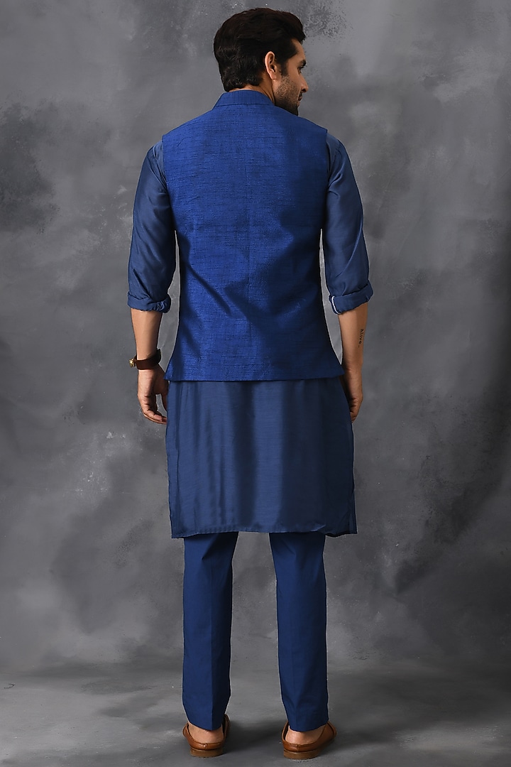 Blue Silk Kurta Set With Nehru Jacket by Neha Chopra Tandon Men at Pernia's Pop Up Shop