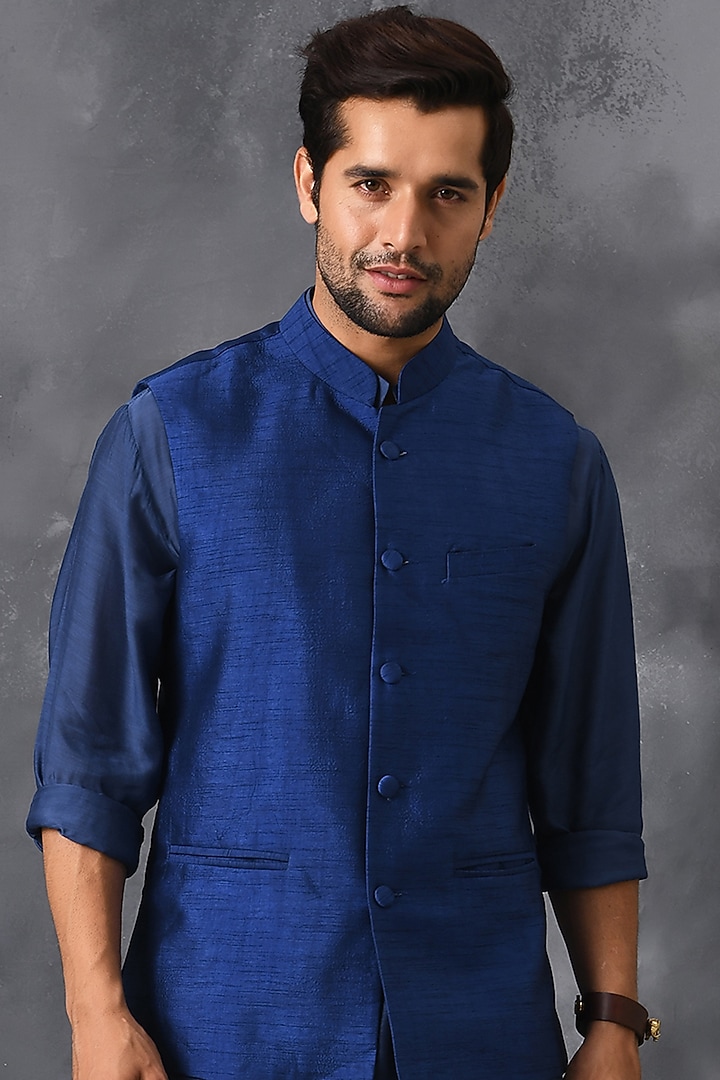 Blue Silk Kurta Set With Nehru Jacket by Neha Chopra Tandon Men at Pernia's Pop Up Shop