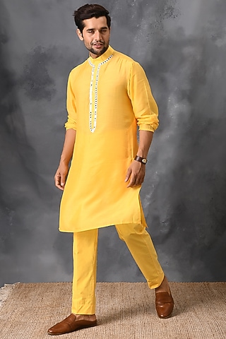 Yellow Mirror Hand Embroidered Kurta Set by Neha Chopra Tandon Men