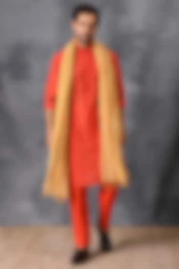 Red Silk & Poplin Kurta Set by Neha Chopra Tandon Men