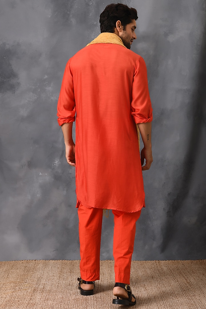 Red Silk & Poplin Kurta Set by Neha Chopra Tandon Men at Pernia's Pop Up Shop