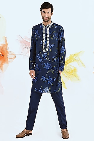 Blue Printed Kurta Set by Neha Chopra Tandon Men