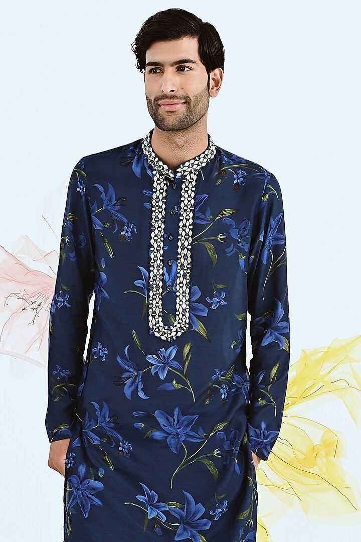 Blue Printed Kurta Set by Neha Chopra Tandon Men at Pernia's Pop Up Shop