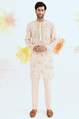 Blush Pink Printed Kurta Set by Neha Chopra Tandon Men