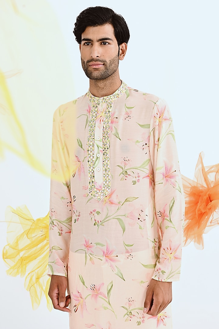 Blush Pink Printed Kurta Set by Neha Chopra Tandon Men at Pernia's Pop Up Shop