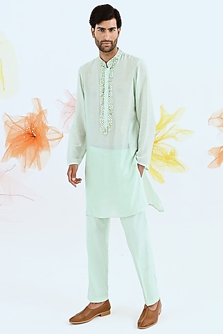 Light Blue Printed Kurta Set by Neha Chopra Tandon Men