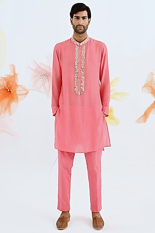 Coral Mirror Embroidered Kurta Set by Neha Chopra Tandon Men