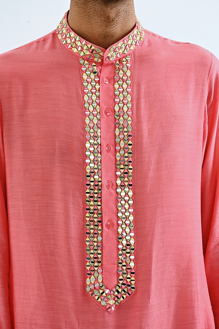 Coral Mirror Embroidered Kurta Set by Neha Chopra Tandon Men at Pernia's Pop Up Shop