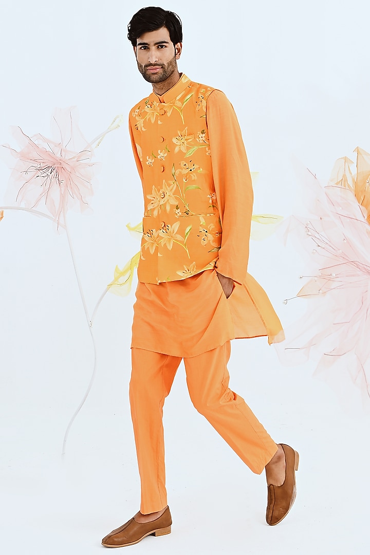 Orange Raw Silk Bundi Jacket With Kurta Set by Neha Chopra Tandon Men
