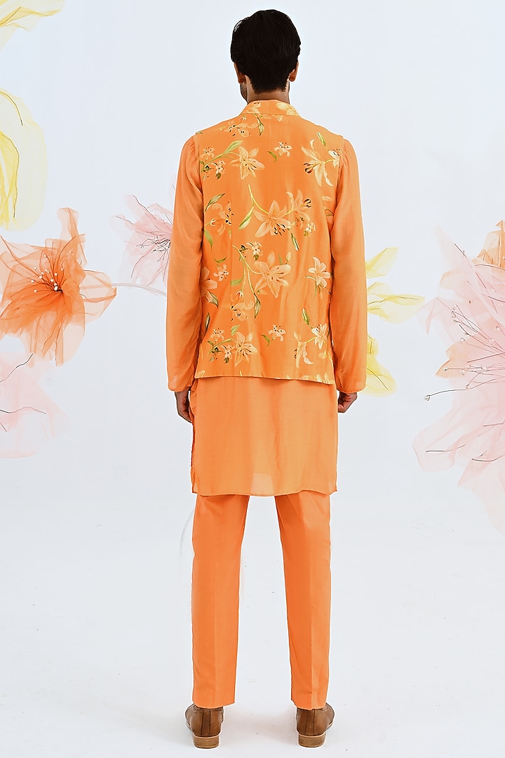 Orange Raw Silk Bundi Jacket With Kurta Set by Neha Chopra Tandon Men at Pernia's Pop Up Shop