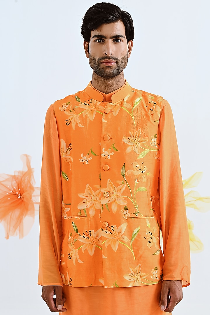 Orange Raw Silk Bundi Jacket With Kurta Set by Neha Chopra Tandon Men at Pernia's Pop Up Shop