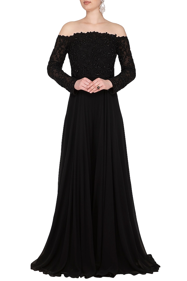 Black Embellished Off Shoulder Flared Jumpsuit by Neha Chopra Tandon at Pernia's Pop Up Shop