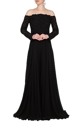 Black Embellished Off Shoulder Flared Jumpsuit by Neha Chopra Tandon
