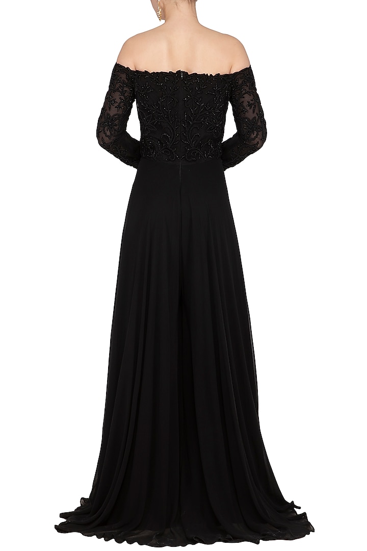 Black Embellished Off Shoulder Flared Jumpsuit by Neha Chopra Tandon at Pernia's Pop Up Shop