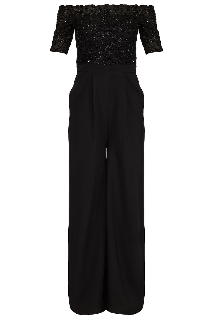 Black Embroidered Off Shoulder Jumpsuit by Neha Chopra Tandon