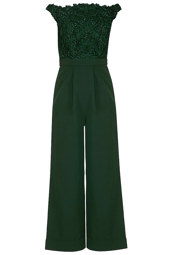 Emerald Green Embroidered Jumpsuit by Neha Chopra Tandon