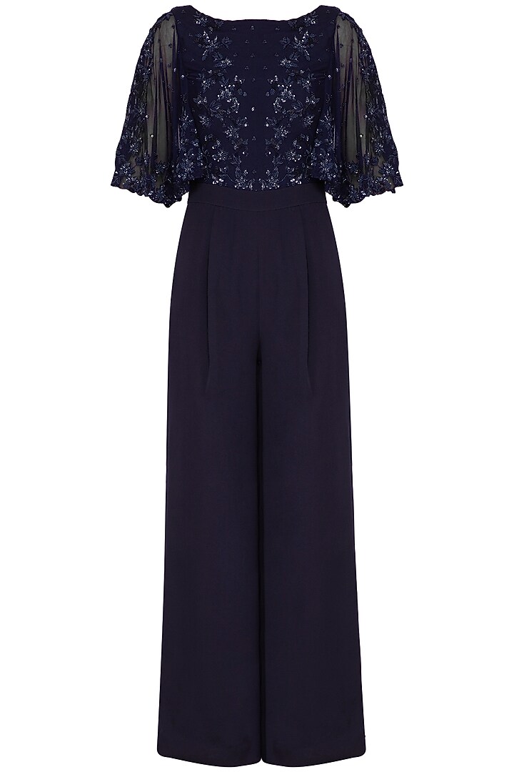 Navy Blue Embroidered Jumpsuit by Neha Chopra Tandon at Pernia's Pop Up Shop